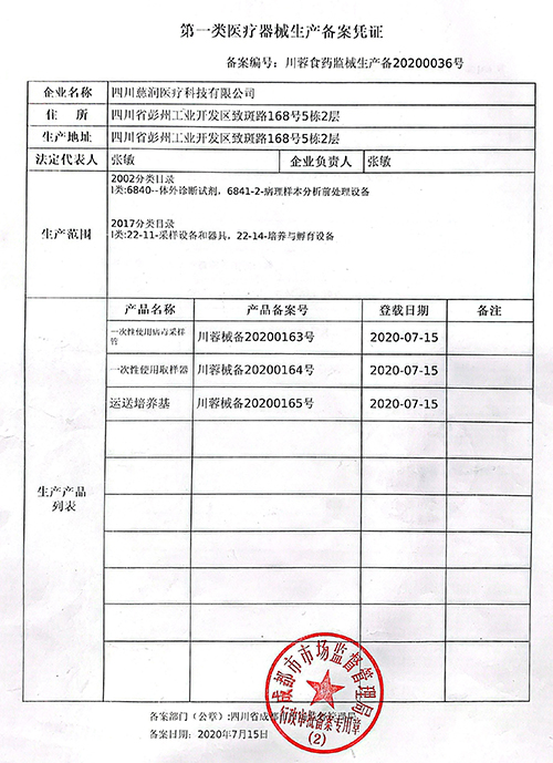 第一类医疗器械生产备案凭证